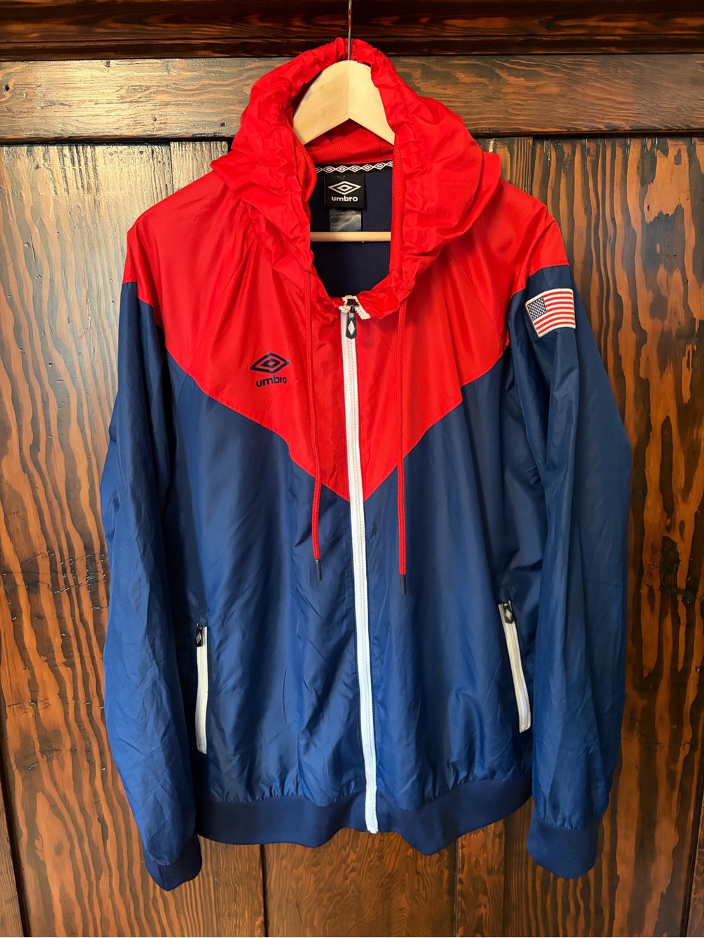 Umbro Red and Navy Colorblock Hooded Windbreaker